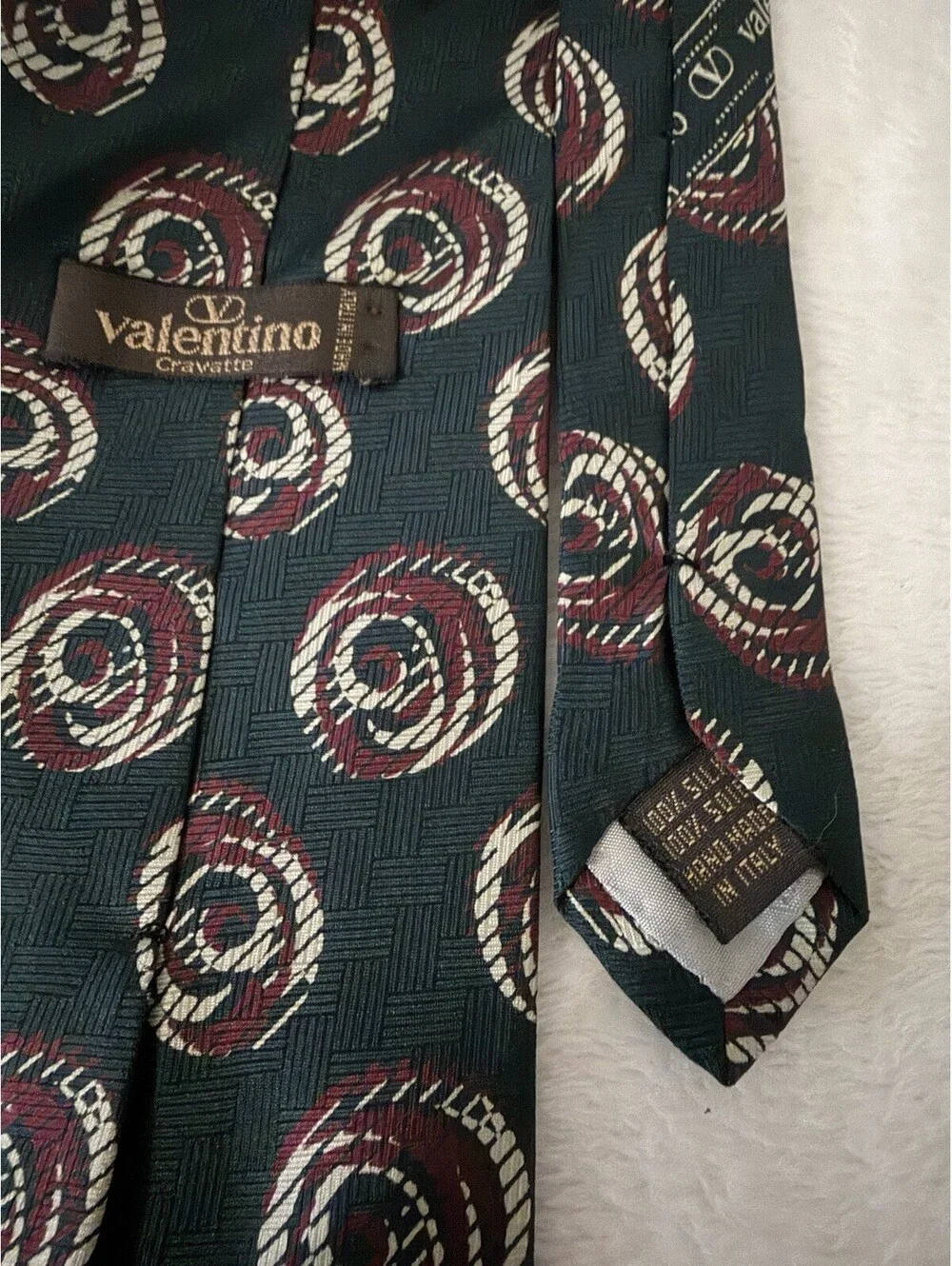 Valentino Cravatte Tie Green Burgundy Swirl Print Silk Italy Vtg